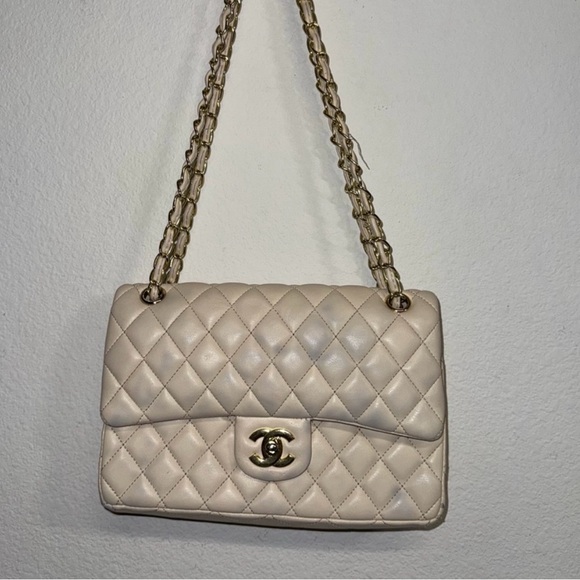Chanel Classic Double Flap Bag Beige Lambskin Leather Gold Hardware Medium Size - Picture 1 of 10